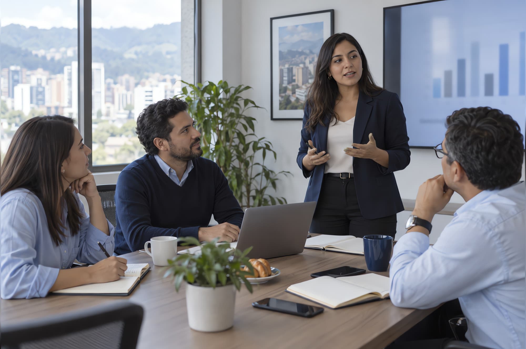 Reunión de seguimiento con cuatro personas y una pantalla con gráficos