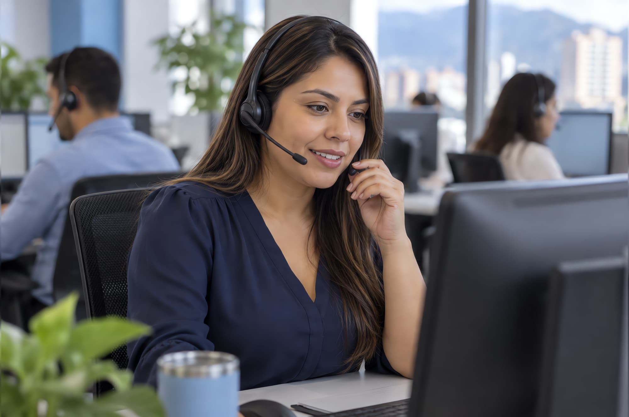 Gestora de cobranza con auriculares atendiendo una llamada